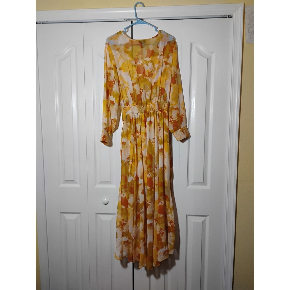 Kate and Lily Yellow Orange Floral Chiffon Maxi Dress Smocked Waist Size 14